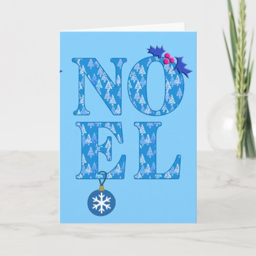 NOEL in a Blue Christmas Tree Pattern  Holiday Card