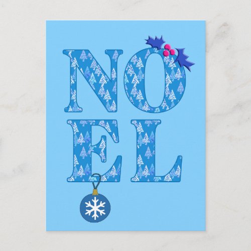 NOEL in a Blue Christmas Tree Pattern  Holiday Postcard