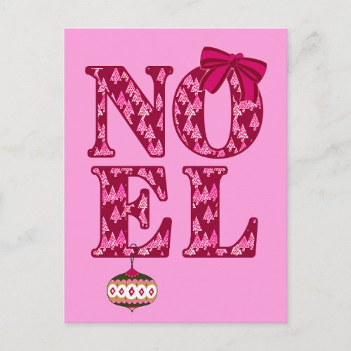 NOEL in a Burgundy Christmas Tree Pattern Holiday Postcard