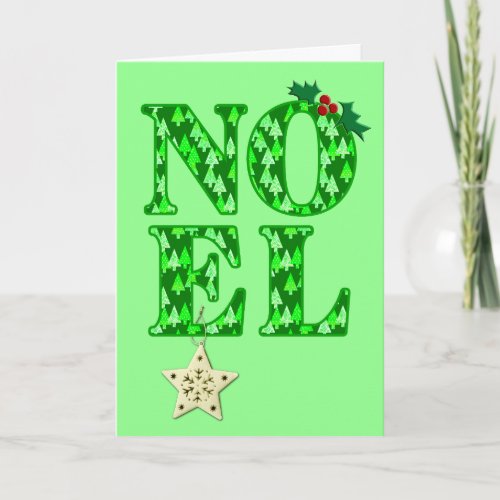 NOEL in a Green Christmas Tree Pattern Holiday Card