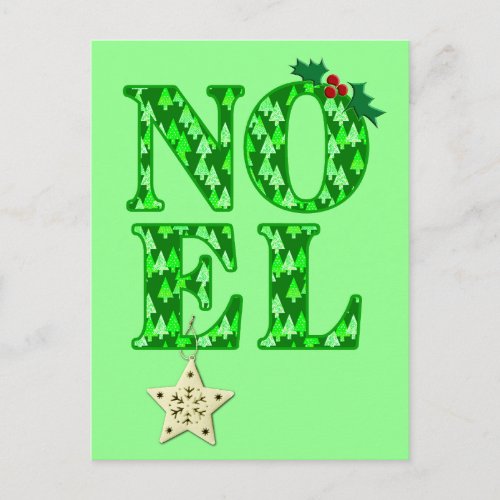 NOEL in a Green Christmas Tree Pattern Holiday Postcard