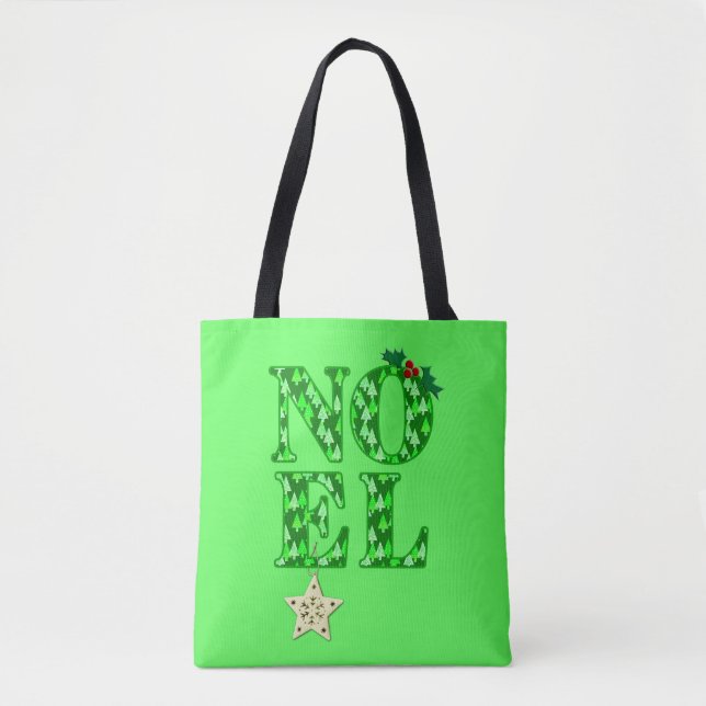 NOEL in a Green Christmas Tree Pattern  Tote Bag (Front)