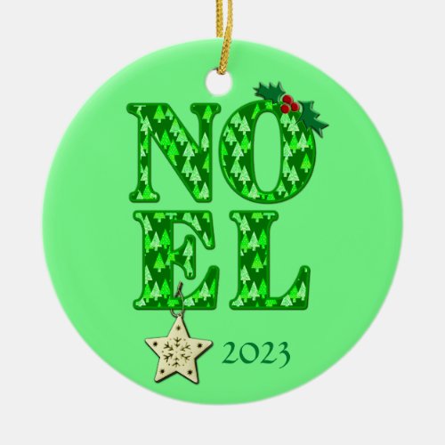 NOEL in a Green Retro Christmas Tree Pattern  Ceramic Ornament