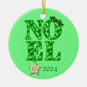 NOEL in a Green Retro Christmas Tree Pattern Ceramic Ornament