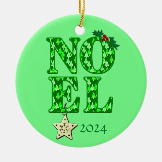 NOEL in a Green Retro Christmas Tree Pattern  Ceramic Ornament (Front)