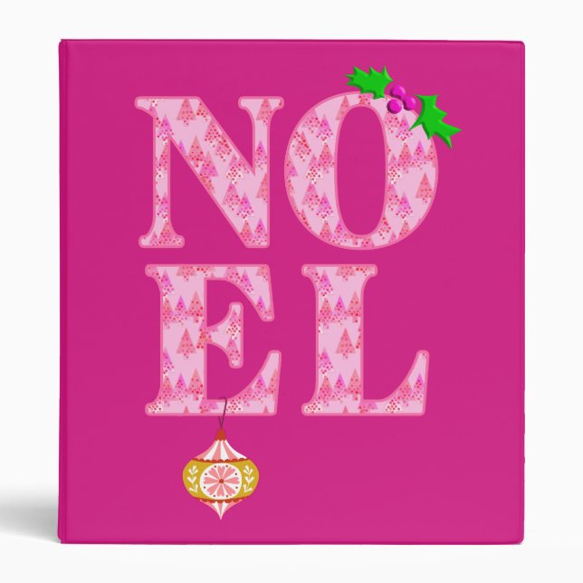 NOEL in a Pink Christmas Tree Pattern 3 Ring Binder (Front)