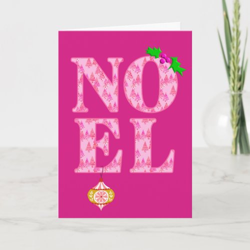 NOEL in a Pink Christmas Tree Pattern  Holiday Card