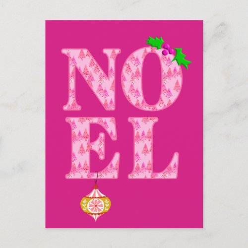 NOEL in a Pink Christmas Tree Pattern  Holiday Postcard