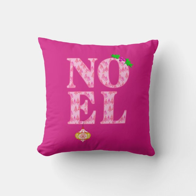 NOEL in a Pink Christmas Tree Pattern  Throw Pillow (Front)