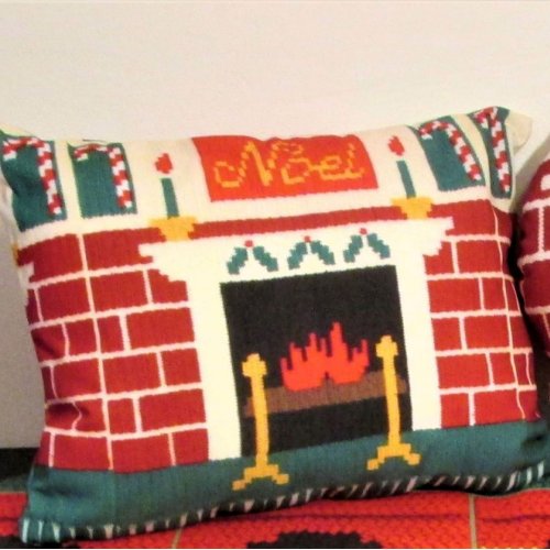 Noel Mantle Brick Fireplace Designer Crochet Print Accent Pillow