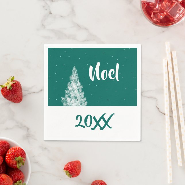 Noel Minimalist Snowy Tree Teal and White Holiday Napkins (Insitu)