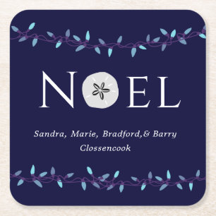  Noel Navy Blue Sand Dollar Nautical Christmas  Square Paper Coaster