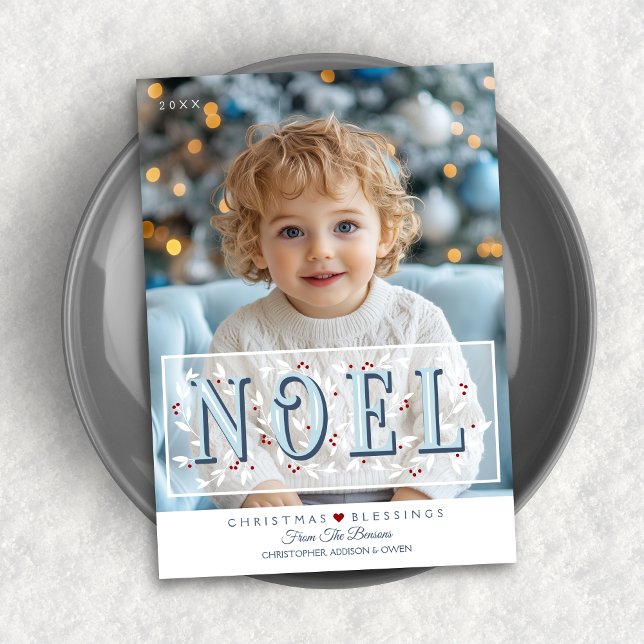Noel Overlay Blue White Photo Christmas Card (Shown on a 5" x 7" card)