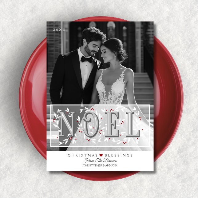 Noel Overlay Gray White Photo Christmas Card (Shown on a 5" x 7" card)