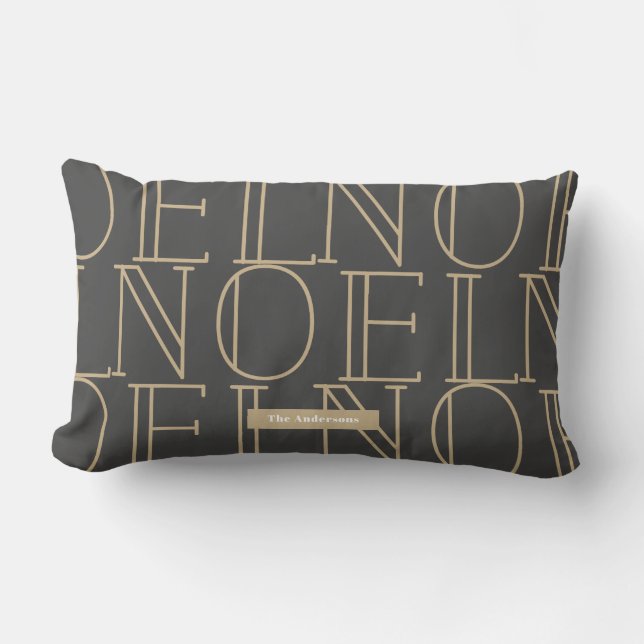 NOEL Pattern Dark Gray & Gold Lumbar Pillow (Front)