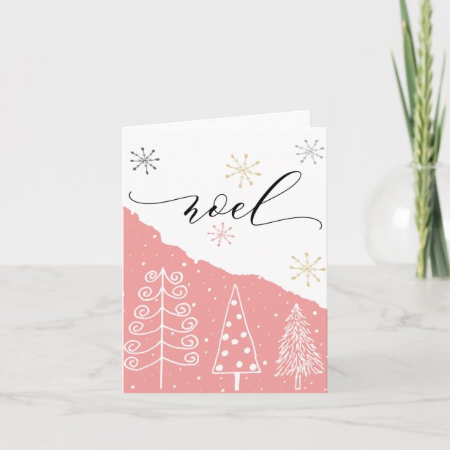 Noel Pink Christmas Tree Folded Holiday Card (Front)