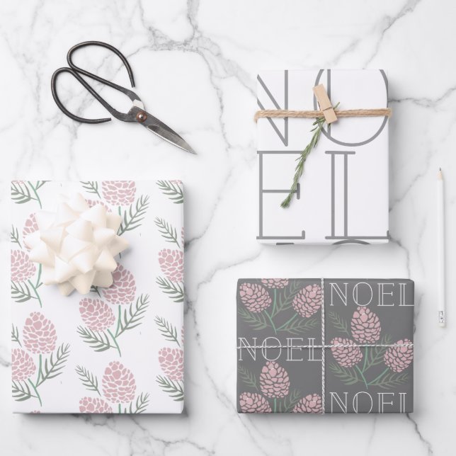 NOEL Pink Pine Cone Pattern White & Gray Wrapping Paper Sheets (Front)