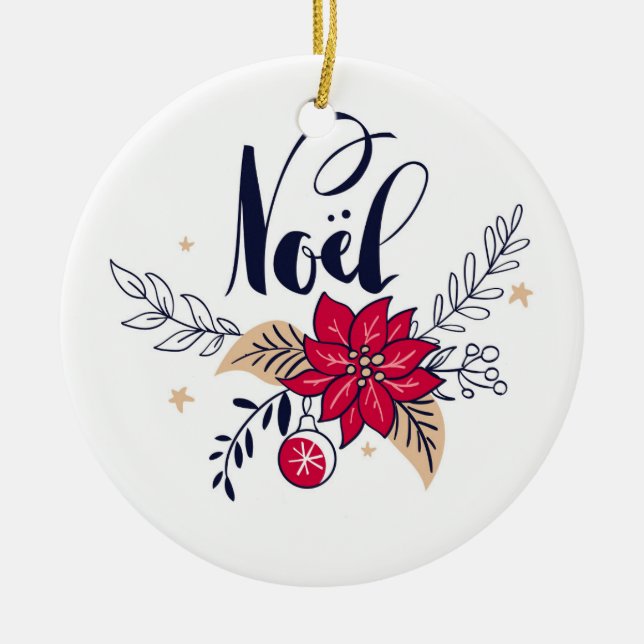 Noel Poinsettia  Ceramic Ornament (Front)