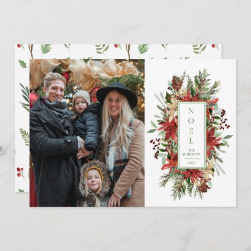 Noel Poinsettia Floral Modern Christmas Photo Holiday Card