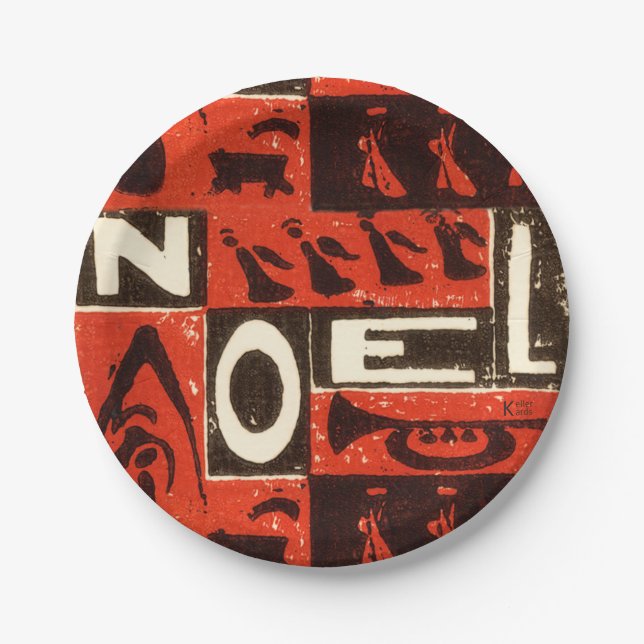Noel Red Block Print Paper Plates (Front)