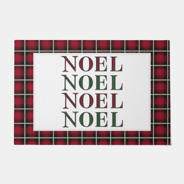 Noel Red & Green Plaid Checkered Pattern Christmas Doormat (Front)