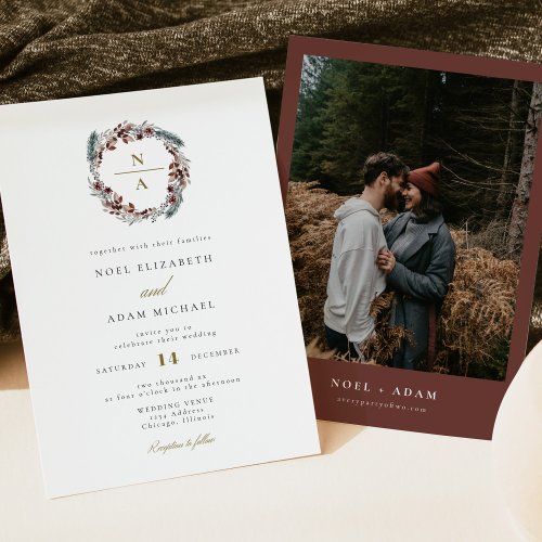 NOEL Rustic Christmas Pine Winter Photo Wedding Invitation