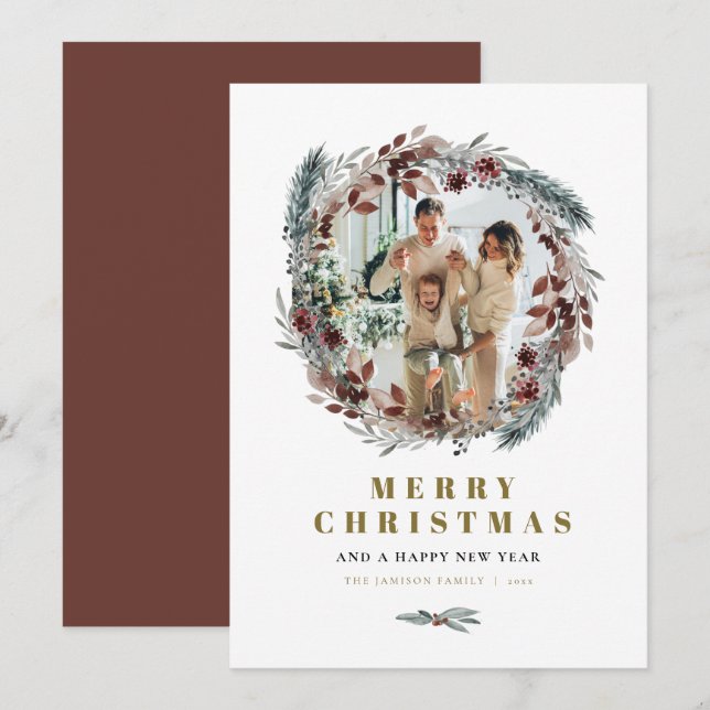NOEL Rustic Pine Wreath Round Photo Christmas Card (Front/Back)