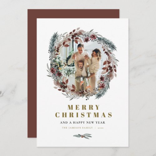 NOEL Rustic Pine Wreath Round Photo Christmas Card