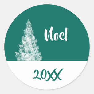 Noel Snowy Christmas Tree Teal and White Minimal Classic Round Sticker
