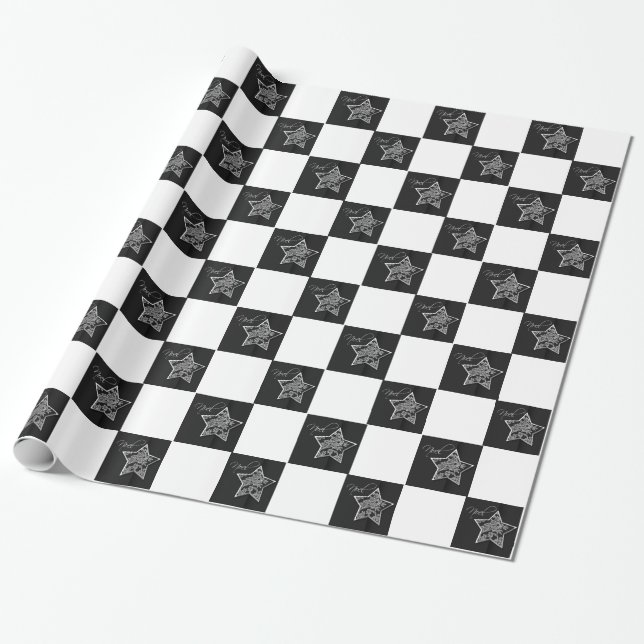 Noel Star Christmas Holiday Checkerboard Design Wrapping Paper (Unrolled)