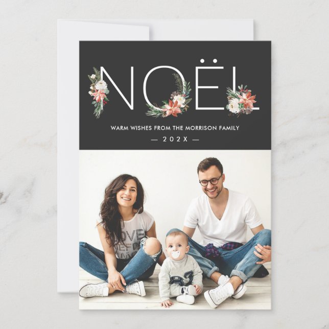 NOEL Typography Poinsettia Floral Christmas Photo Holiday Card (Front)
