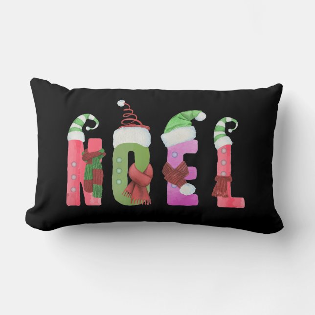 Noel Watercolor Elf Style Christmas Lumbar Pillow (Front)