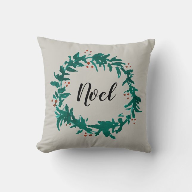 Noel Welcome Wreath Painting Gray Pillow (Front)