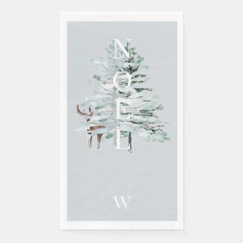 Noel Woodland Deer Monogram Winter Blue Holiday Paper Guest Towels