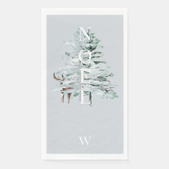 Noel Woodland Deer Monogram Winter Blue Holiday Paper Guest Towels (Front)