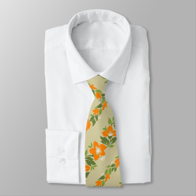 Noelani Lei Hawaiian Floral Stripe Khaki Neck Tie (Tied)