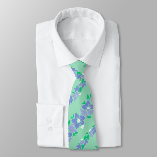 Noelani Lei Hawaiian Floral Stripe Mint Neck Tie (Tied)