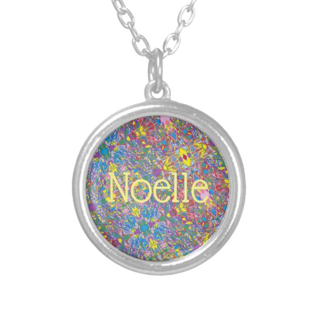 Noelle female name with abstract art or sari backg silver plated necklace (Front)