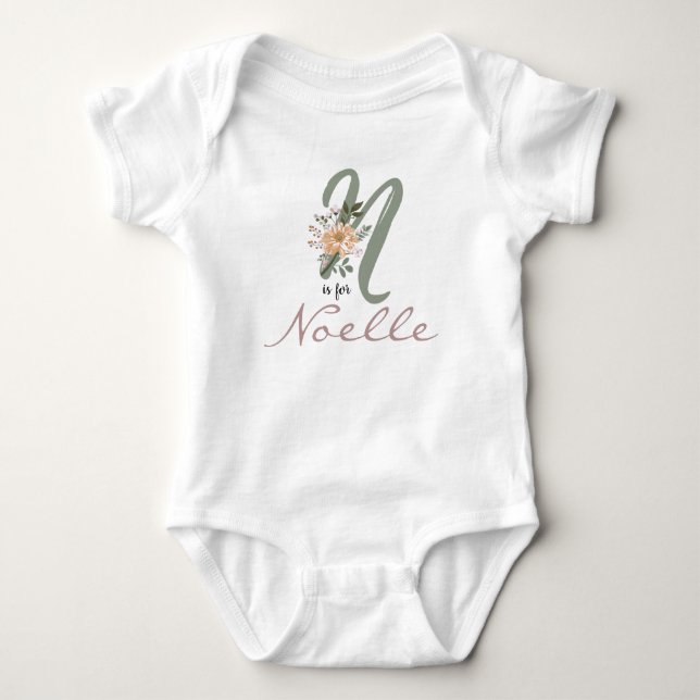 Noelle Name Reveal Floral Letter N Girl Flower Baby Bodysuit (Front)