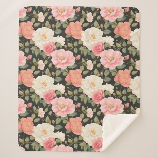 Noir Blossom Warmth Elegant Hand-Drawn Style Roses Sherpa Blanket (Front)