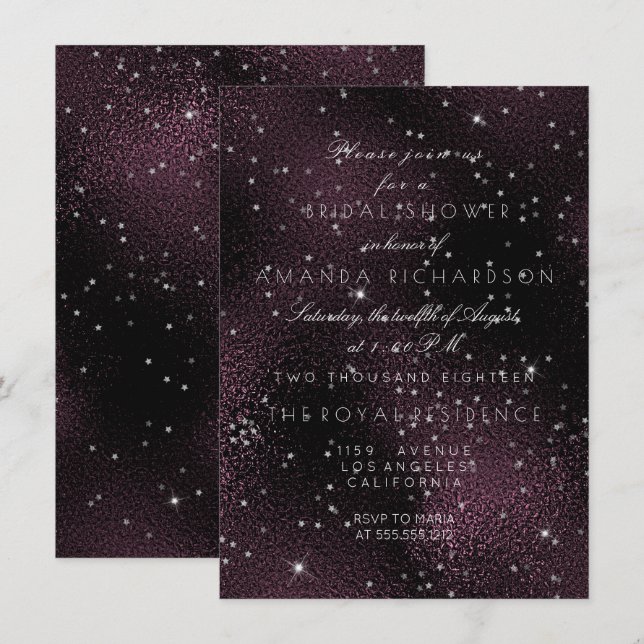 Noir Burgundy Silver Stars Bridal Bachelorette Invitation (Front/Back)