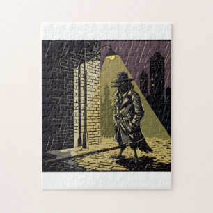 Noir Crow Detective in Rain Moody Comic Art Jigsaw Puzzle