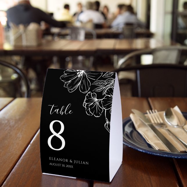 Noir Minimalist Black & White Botanical Paper Table Tent (Insitu(Restaurant))