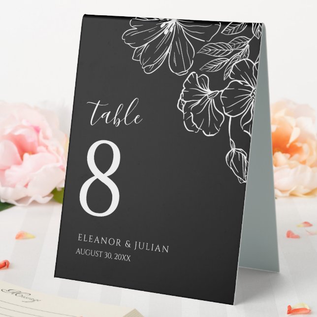 Noir Minimalist Black & White Botanical Table Tent (In SItu (Wedding))