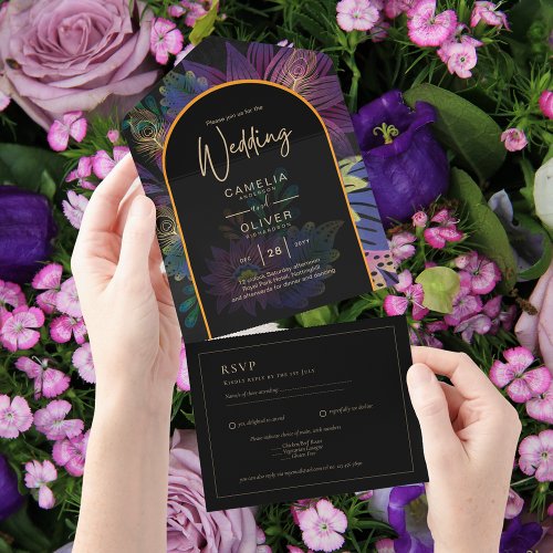 Noir Peacock Jewel Tones Floral Wedding All In One Invitation