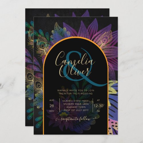 Noir Peacock Jewel Tones Floral Wedding Invitation