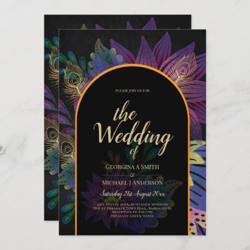 Noir Peacock Jewel Tones Floral Wedding Invitation