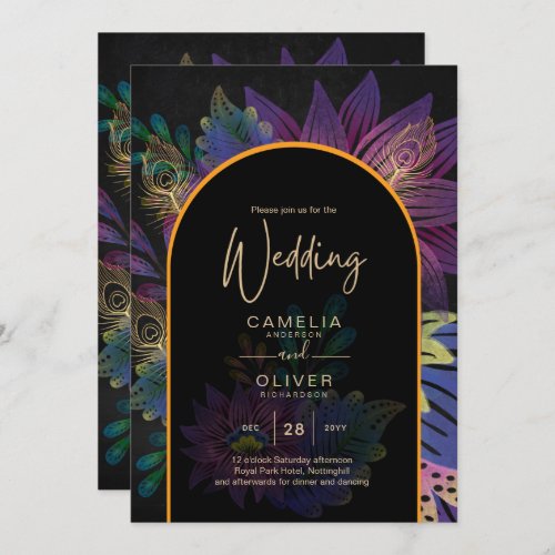 Noir Peacock Jewel Tones Floral Wedding Invitation