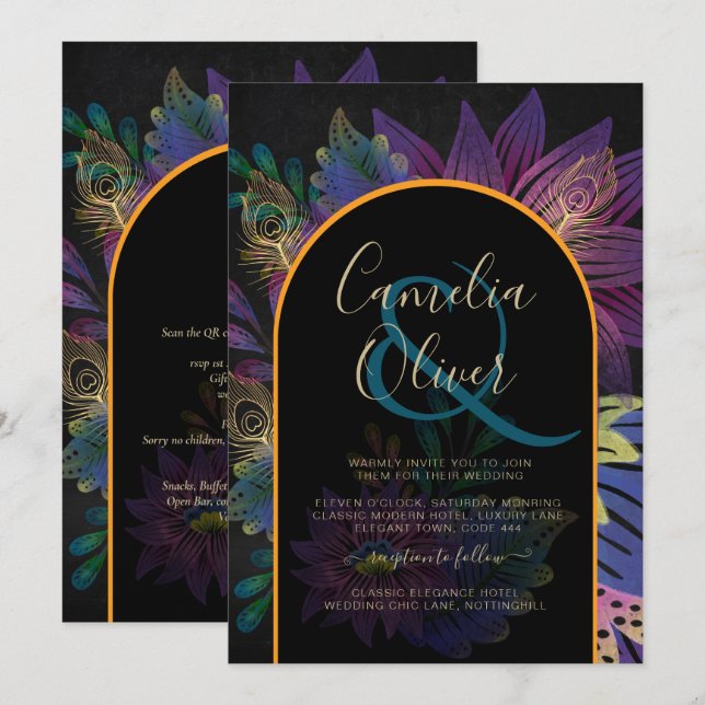 Noir Peacock Jewel Tones Floral Wedding Invitation (Front/Back)