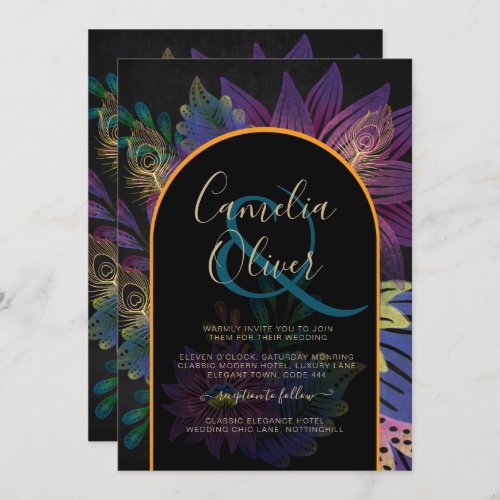 Noir Peacock Jewel Tones Floral Wedding Invitation